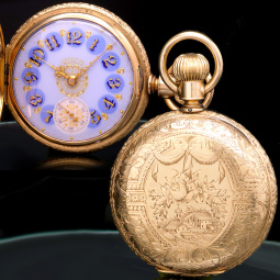 14K Gold Hunter Case Waltham Pocket Watch with Exceptional Blue Enamel Dial
